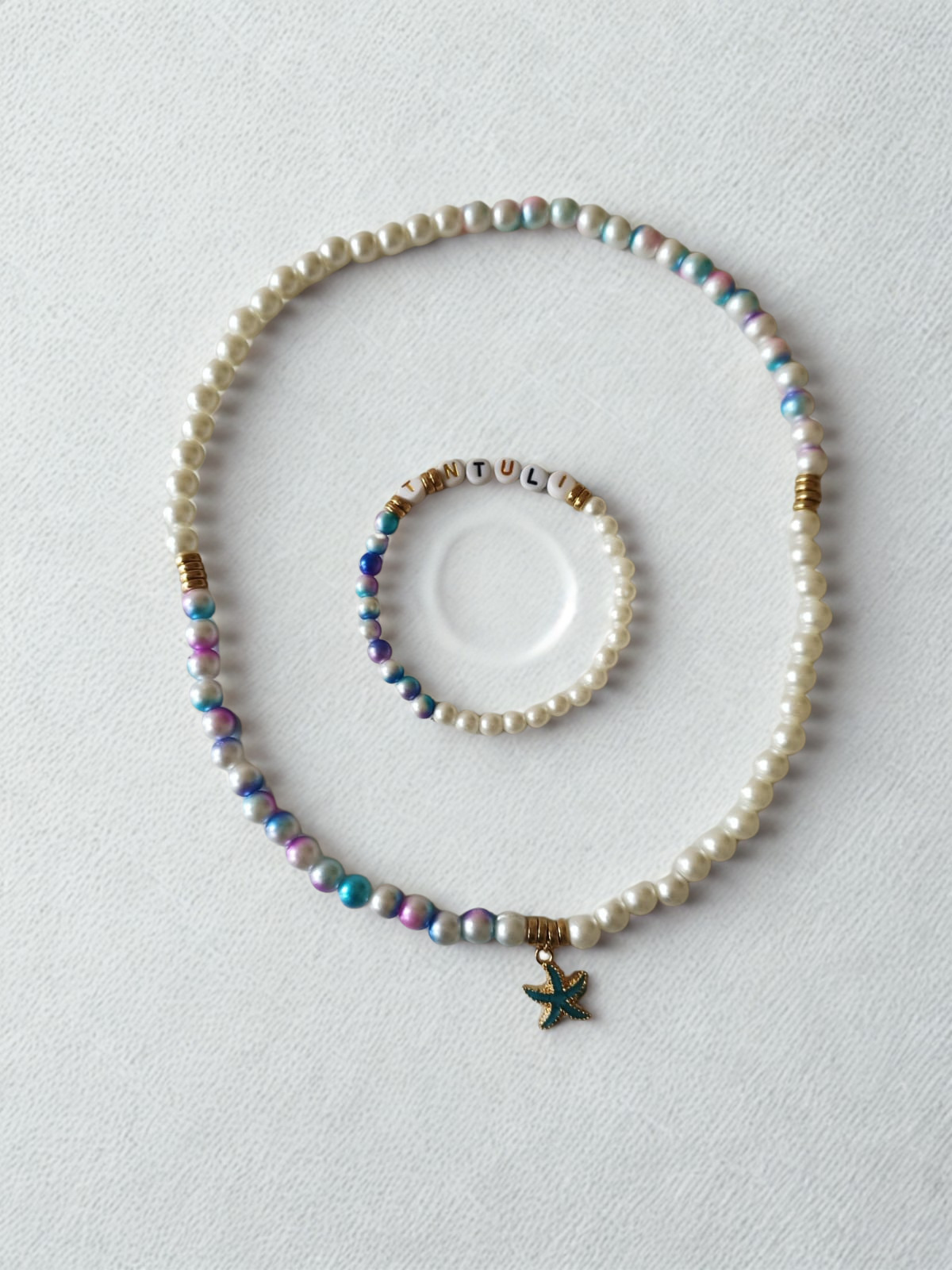 Personalised Pearl Beaded Necklace and Bracelet Set with Starfish Charm