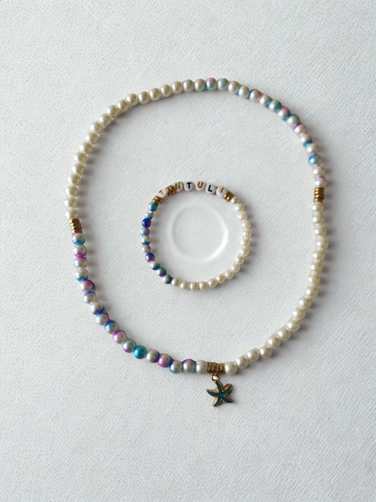 Personalised Pearl Beaded Necklace and Bracelet Set with Starfish Charm